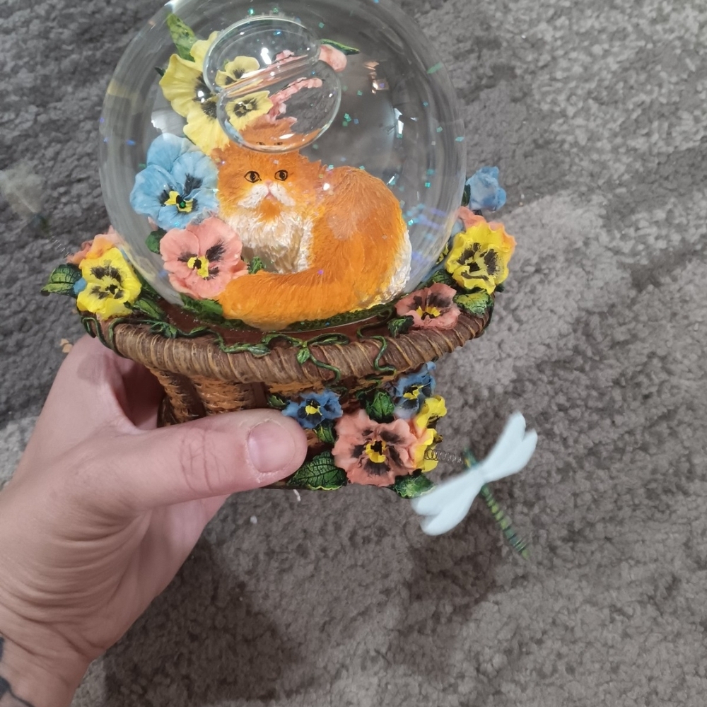 Charming Orange Cat Glass Globe with Floral Base